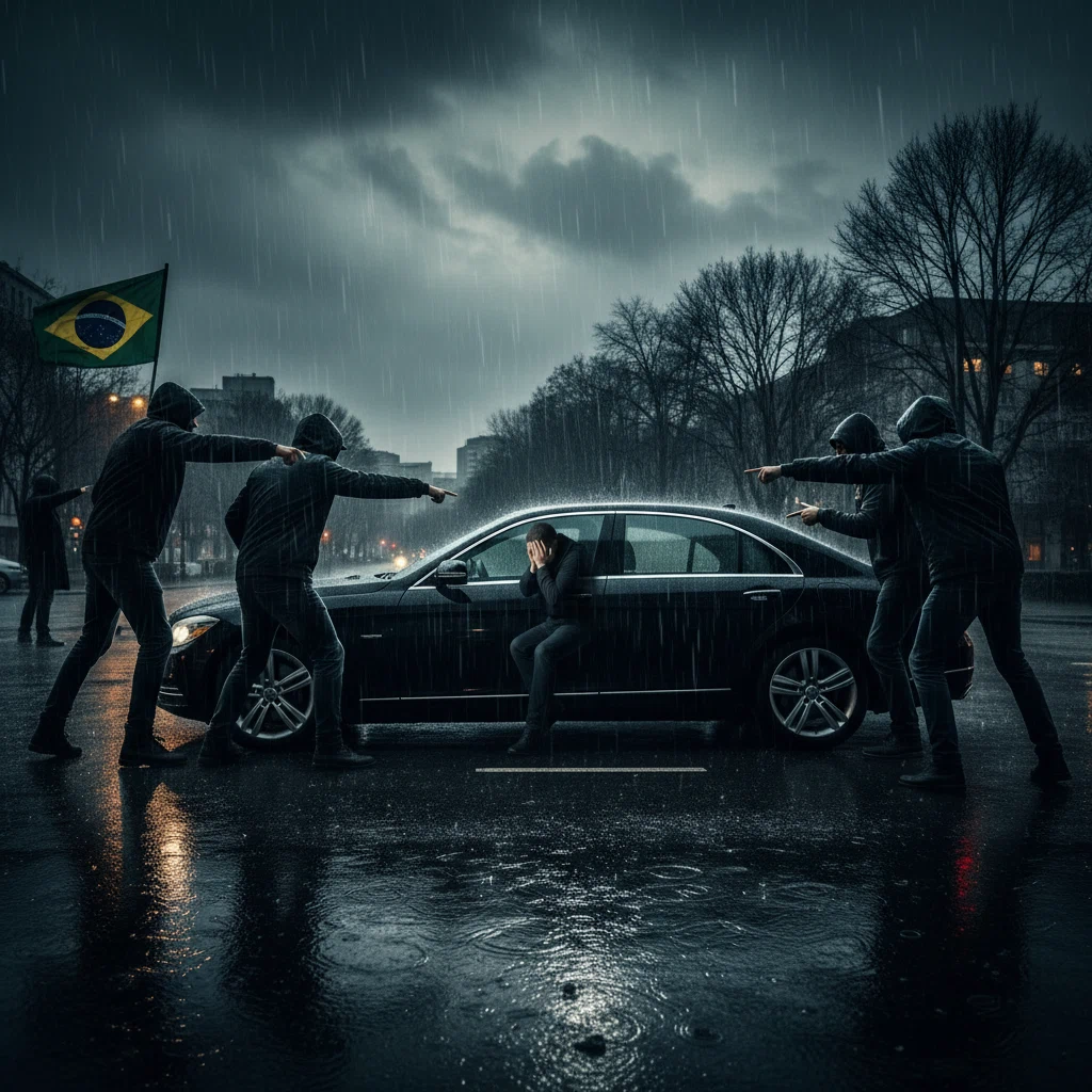 Cena jornalística de tensão urbana na chuva ilustrando o impacto de fraudes financeiras digitais